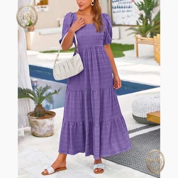 Polyester Puff Sleeve Square Neck High Waist Smocked Midi Dress - Picture 2 of 7